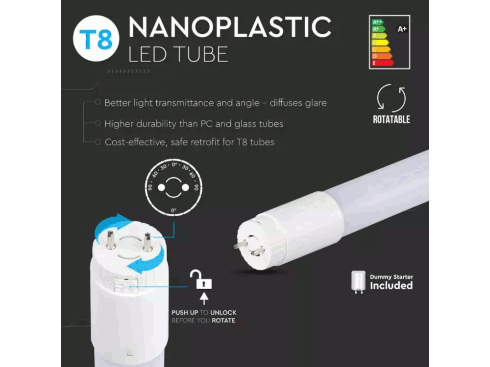 LED Tube SAMSUNG CHIP - 60cm 9W G13 Nano Plastic Rotatable A++ 6400K