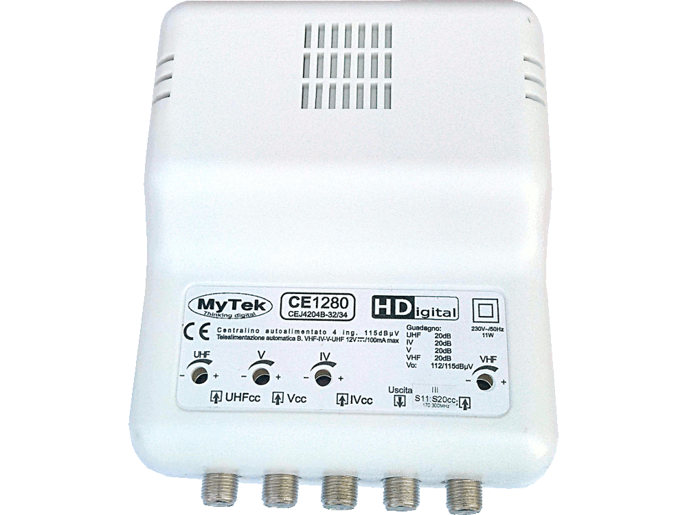 Centralino 4 ing VHF  -  21:32  -  34:69  -  UHF 20dB 4 Reg. 112/115dBuV - Telealimentazione automatica